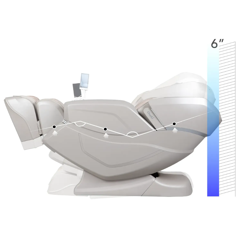 The Osaki Vito 3D Massage Chair's zero gravity and space-saving features, showing the chair reclining to elevate the legs and sliding forward to minimize space usage behind it.