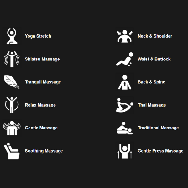The 12 automatic massage programs of the Osaki OS-AI Vivo 4D/2D Massage Chair, offering a variety of pre-set options to cater to different relaxation and therapeutic needs.
