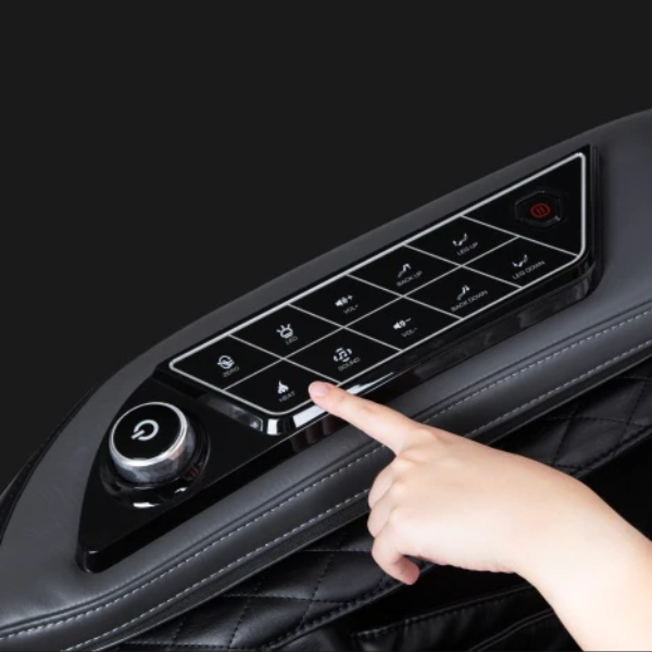 Close-up view of the convenient control panel on the Osaki OS-AI Vivo 4D/2D Massage Chair, featuring a touchscreen interface with various buttons for selecting massage settings and programs.