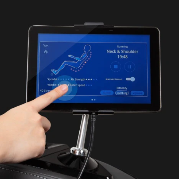 The touchscreen tablet remote of the Osaki OS-AI Vivo 4D/2D Massage Chair, featuring an intuitive interface for easy control of massage settings and programs.