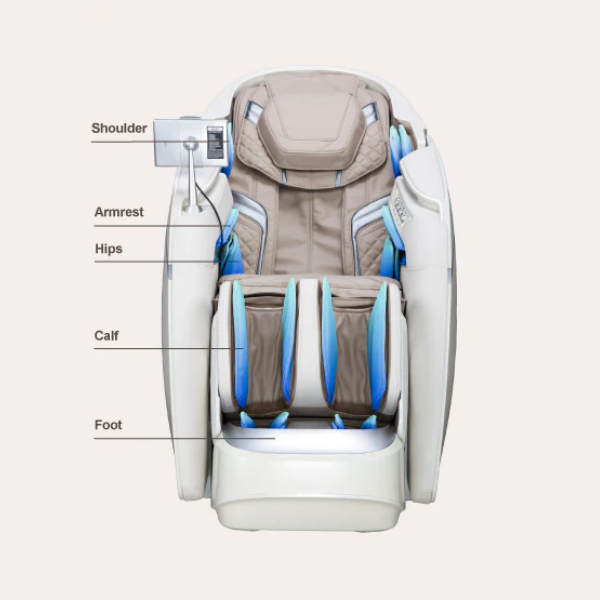 The DuoMax massage chair includes a total of 36 airbags to provide coverage for shoulders, arms, hips, calves, and feet. 