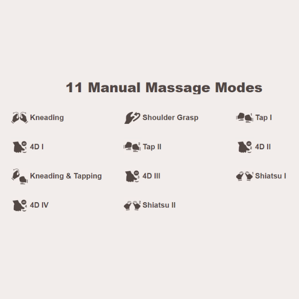 Close-up of the Osaki DuoMax 4D Massage Chair's control panel displaying the 11 manual modes, highlighting various massage techniques available for personalized comfort and targeted relief.