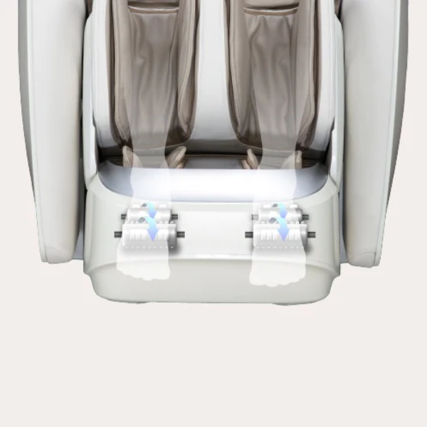 Close-up of the Specialized Foot Rollers on the Osaki DuoMax 4D Massage Chair, showcasing their unique design that provides targeted relief and a soothing massage experience for tired feet.