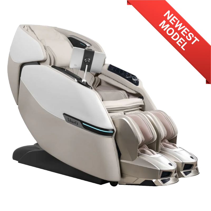Osaki Trion Flex Duo 4D+3D Massage Chair in taupe, showcasing its ergonomic design and advanced features for personalized relaxation.