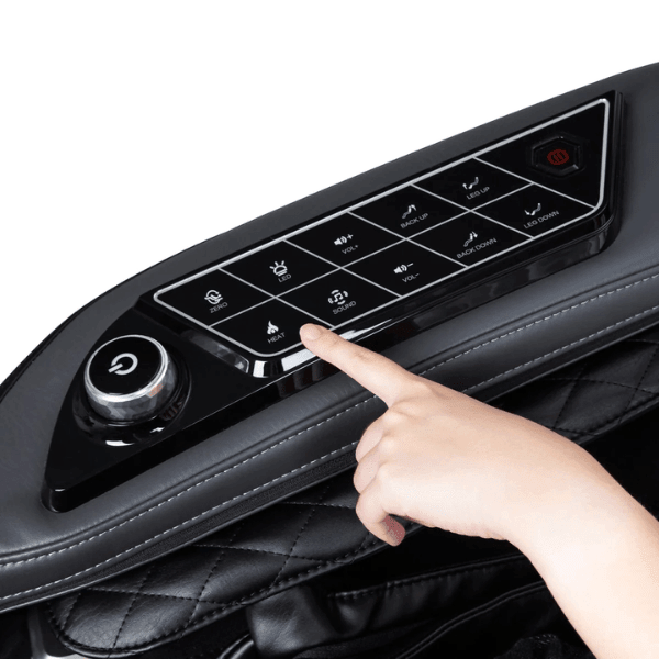 Close-up of the quick access control panel on the Osaki Vivo Open Box Floor Model massage chair, featuring clearly labeled buttons for easy navigation of massage settings and functions for a seamless user experience.
