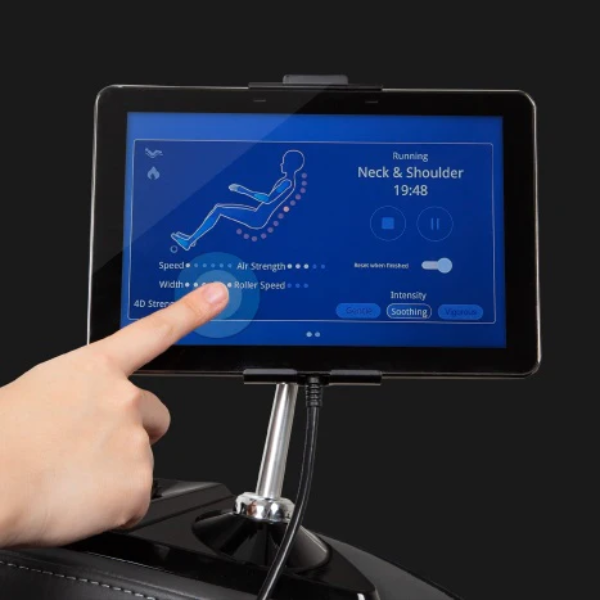 Image displaying the touchscreen tablet remote of the Osaki Vivo open box floor model massage chair, featuring an intuitive interface that allows users to easily customize massage settings, select programs, and monitor real-time adjustments for a tailored massage experience.