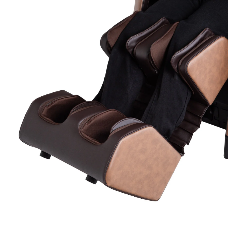 The spring-loaded extendable footrest on the Osaki Ziva 2D Massage Chair is designed for personalized comfort, effortlessly adjusting to fit users of different heights. This feature enhances relaxation by allowing the footrest to adapt to the user's legs, providing better support and promoting improved circulation during massage sessions.