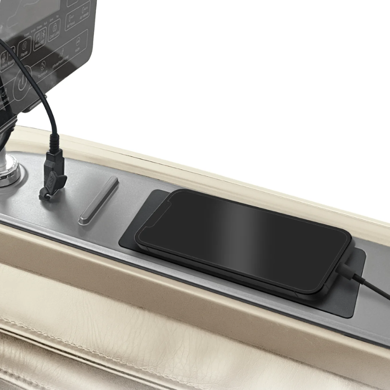 Osaki 4D Achilles massage chair with built-in USB charging port and phone slot for convenient device use while relaxing.