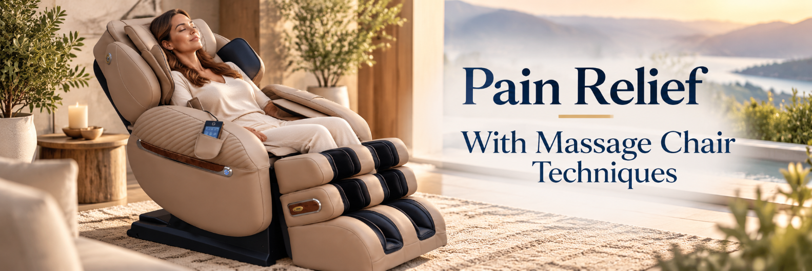 Woman relaxing in a massage chair for pain relief in a peaceful luxury wellness setting.