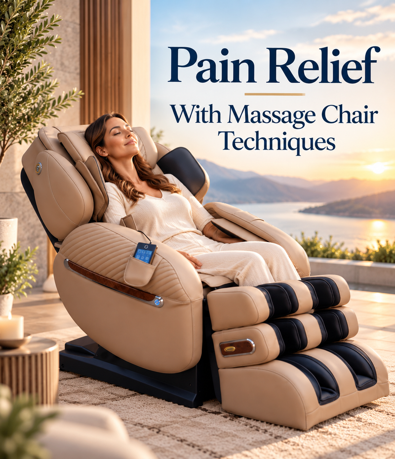 Woman reclining in a massage chair for relaxation and pain relief in a serene home setting.