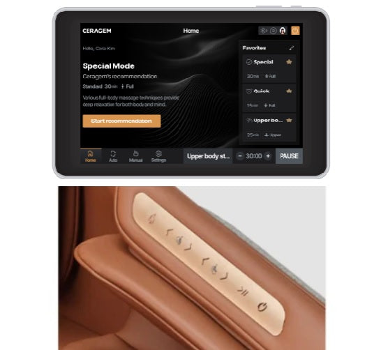 Ceragem Pause M10 8-inch touchscreen display and quick control panel.