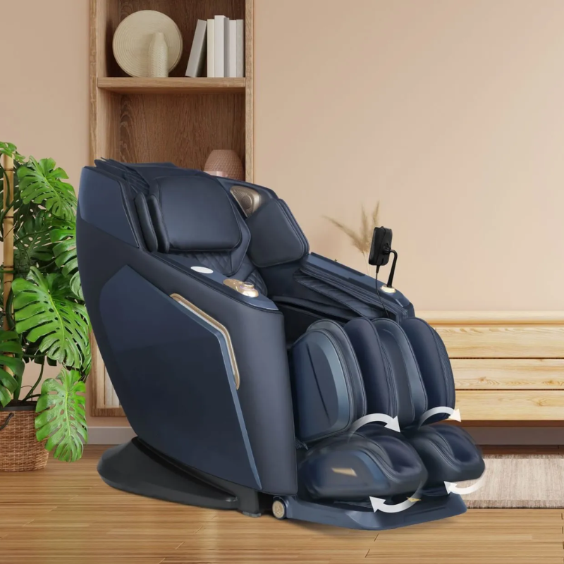PediStride foot-rotation system on Daiwa Rumba massage chair gently turning feet to boost circulation and reduce leg fatigue.