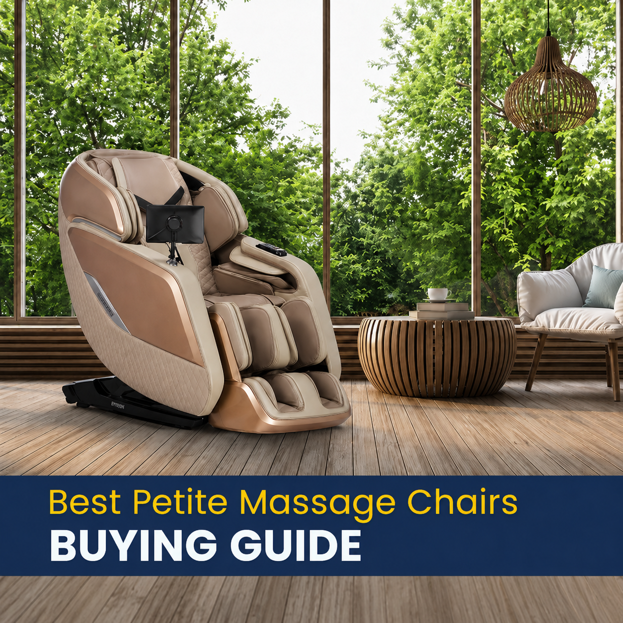 Beige Infinity Sovana DualPro massage chair in a modern living room with large windows and greenery, featuring text ‘Best Petite Massage Chairs Buying Guide.'