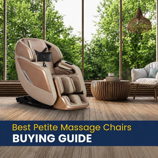 Beige Infinity Sovana DualPro massage chair in a modern living room with large windows and greenery, featuring text ‘Best Petite Massage Chairs Buying Guide.'