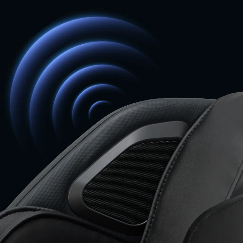 Close-up of Osaki YogaFlex 4D massage chair with built-in Bluetooth speakers for streaming audio from a smartphone
