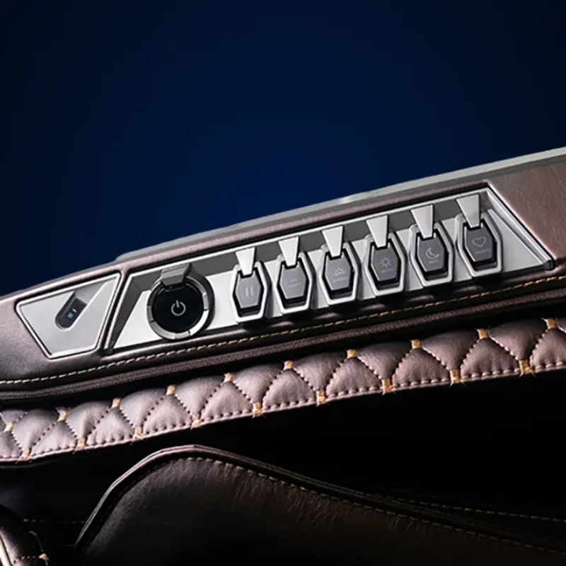 Close-up of the Infinity Circadian 4D DualFlex Massage Chair's Quick Access Control Panel, integrated into the armrest for convenient on-the-fly adjustments, allowing users to power on/off, pause, and select auto programs without reaching for the remote.
