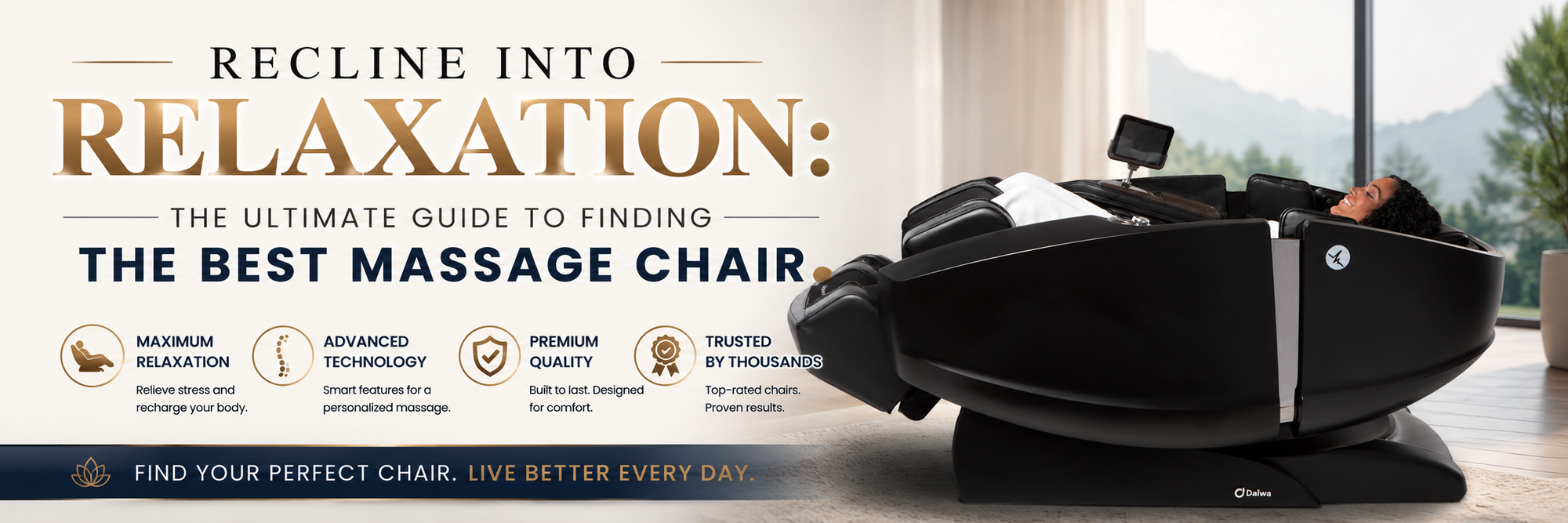 A reclining massage chair shown in a home-like interior setting with a person reclining on it. Large promotional text reads 'RECLINE INTO RELAXATION: THE ULTIMATE GUIDE TO FINDING THE BEST MASSAGE CHAIR' with feature icons along the bottom.