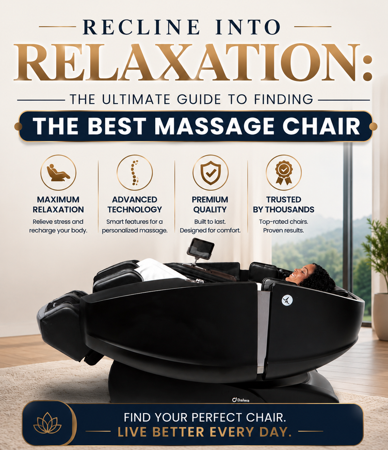 Promotional graphic for a massage chair, featuring a reclining person inside the chair in a bright indoor setting. The text reads 'RECLINE INTO RELAXATION: THE ULTIMATE GUIDE TO FINDING THE BEST MASSAGE CHAIR' with four feature callouts and a bottom banner reading 'FIND YOUR PERFECT CHAIR.