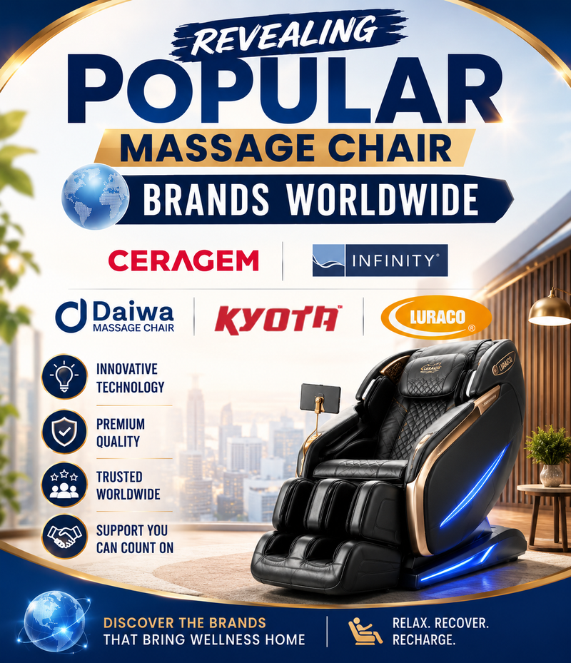 Popular massage chair brands worldwide featuring Ceragem, Infinity, Daiwa, Kyota, and Luraco with premium massage chair technology and wellness benefits.