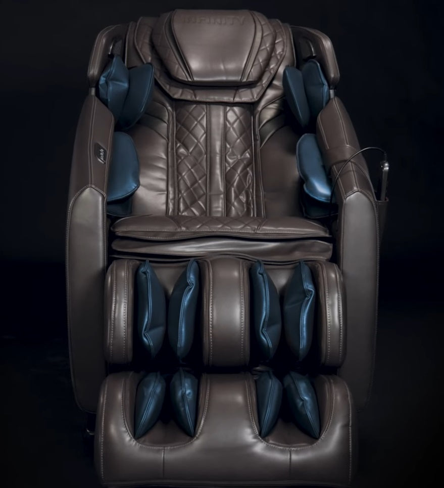 The Infinity Riage 4D Massage Chair features air compression therapy that gently relieves tension and improves circulation through strategically placed airbags targeting the arms, legs, and shoulders.