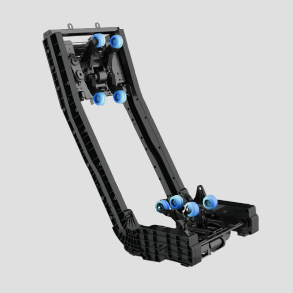 Technical diagram of a black mechanical massage chair frame with blue rollers, motion arrows, and two close-up detail insets.