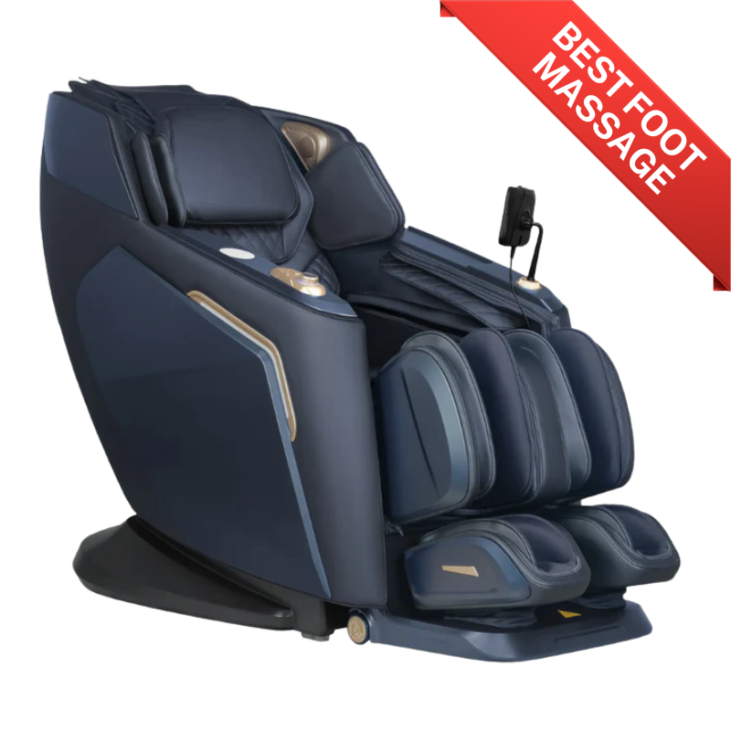Blue Daiwa Rumba massage chair in showroom, highlighting its advanced foot massage system for targeted sole and calf relief. 