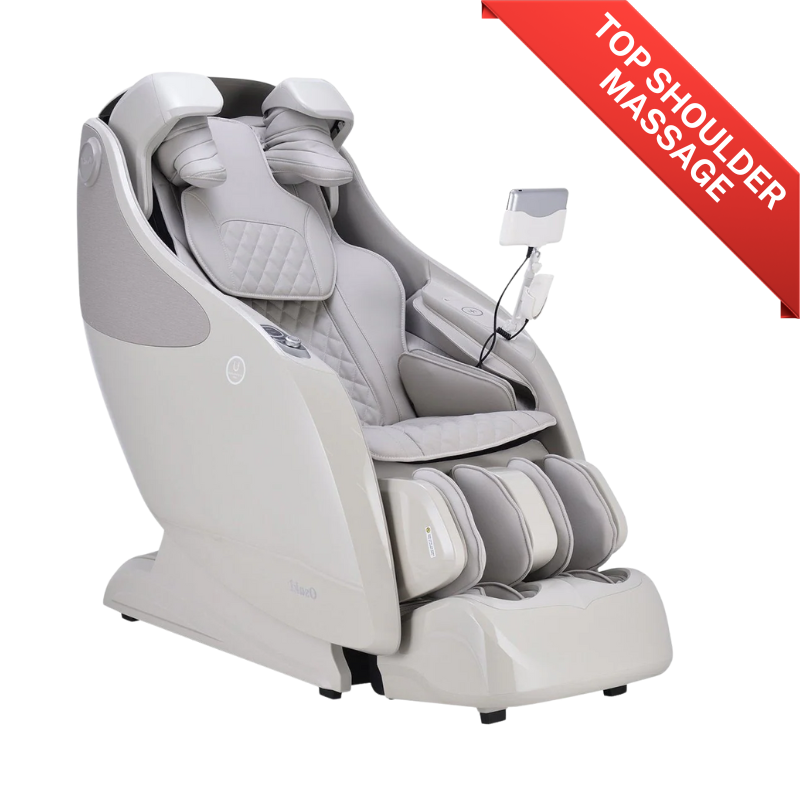 Taupe Osaki OP-4D Master massage chair in showroom showcasing advanced 4D massage technology, SL-track design, and customizable deep-tissue relief features.