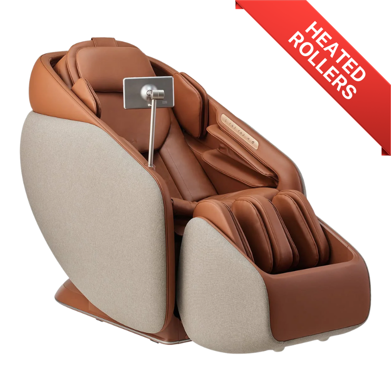 Ceragem Pause M10 massage chair in brown showcasing heated Thermal Tech rollers that deliver soothing warmth and deep muscle relief.