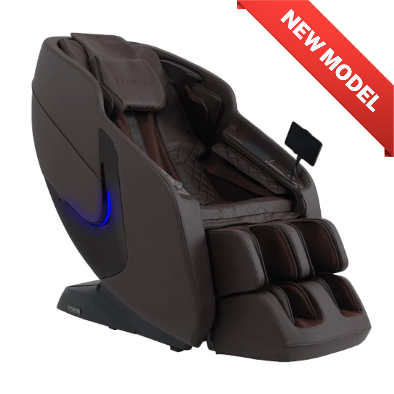 Infinity Solstice Deluxe massage chair in showroom showcasing full-body L-track massage with dual foot rollers, touchscreen tablet, and chromotherapy lighting.