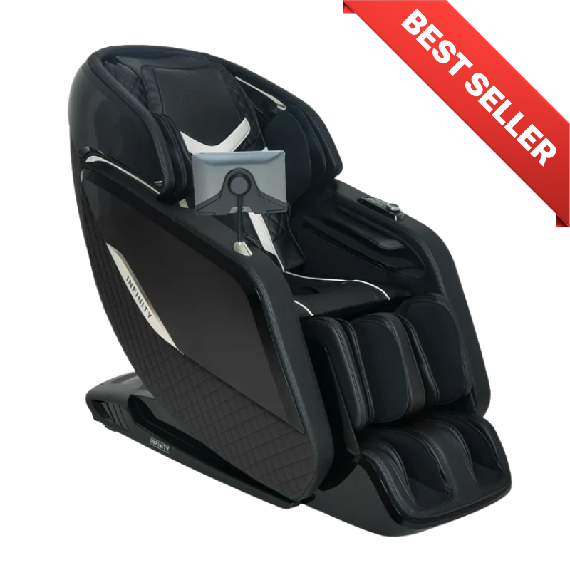 Black Infinity Sovana 4D DualPro massage chair in showroom, featuring dual synchronized massage mechanisms and extended L-track for deep therapeutic relief.