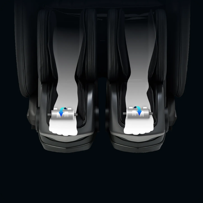 Close-up of Osaki YogaFlex 4D foot rollers with reflexology ridges massaging the soles from toes to heels