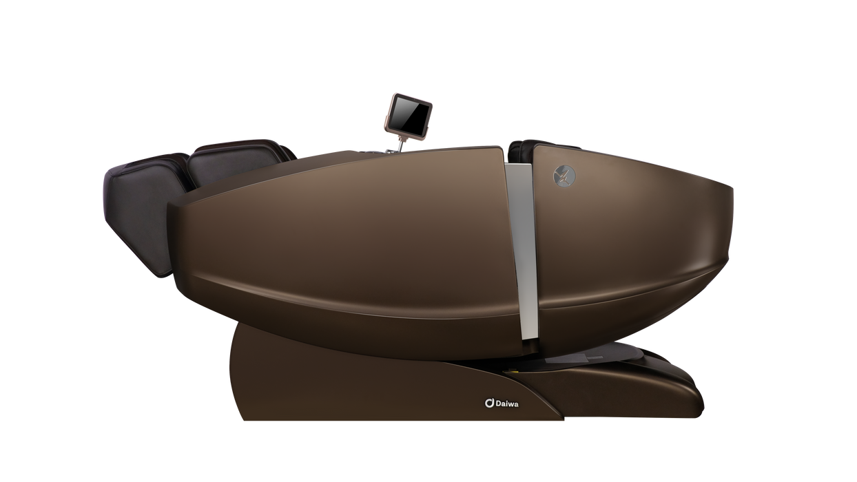 The brown Daiwa Supreme Hybrid X in a Deep Zero Gravity recline, showcasing the extreme 165-degree tilt designed to minimize spinal pressure and improve circulation.