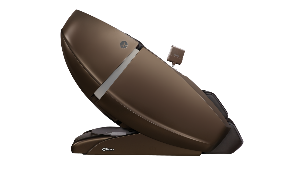 Standard side view of the Daiwa Supreme Hybrid X in Chocolate Brown, showing the sleek, enclosed 'capsule' design and premium Saffiano leather trim.