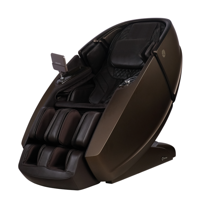 Daiwa Supreme Hybrid X 4D massage chair in Chocolate Brown, front-angled view showing the elegant dark interior with diamond cross-stitching and metallic accents.