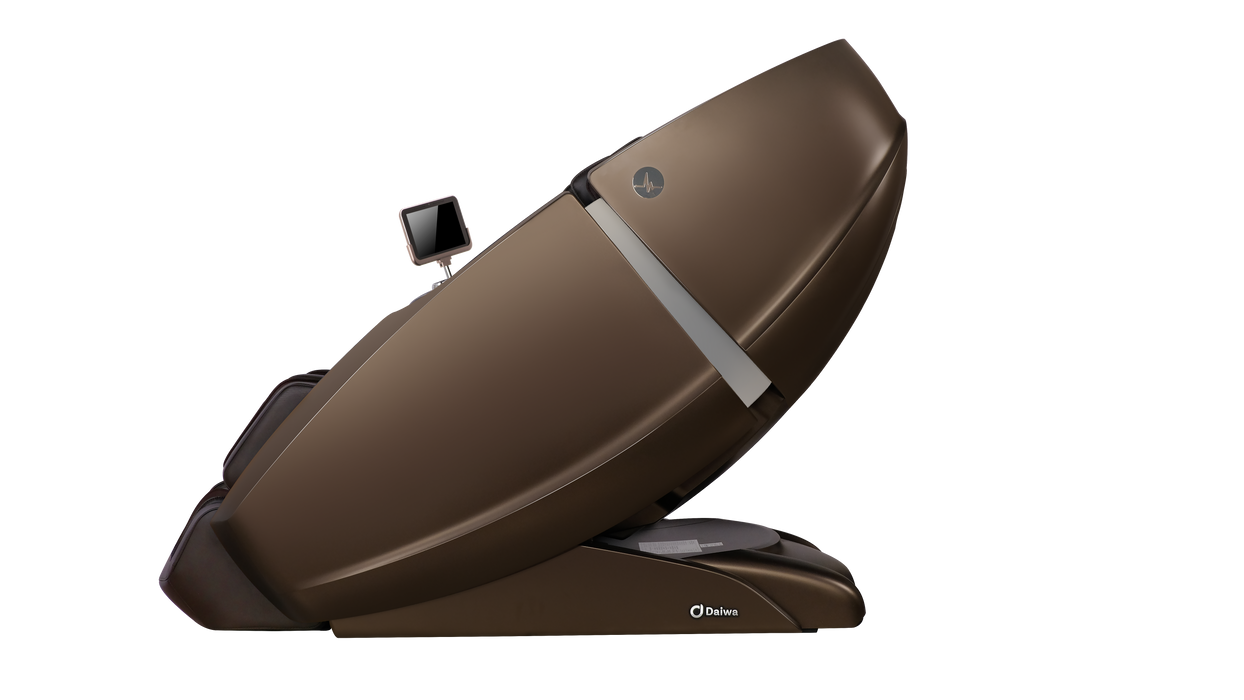 Daiwa Supreme Hybrid X 4D massage chair in Chocolate Brown color, showing the upright position and sleek side profile.