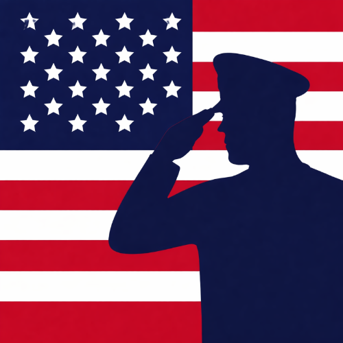 Silhouette of a soldier saluting the American flag with an American flag in the background. 