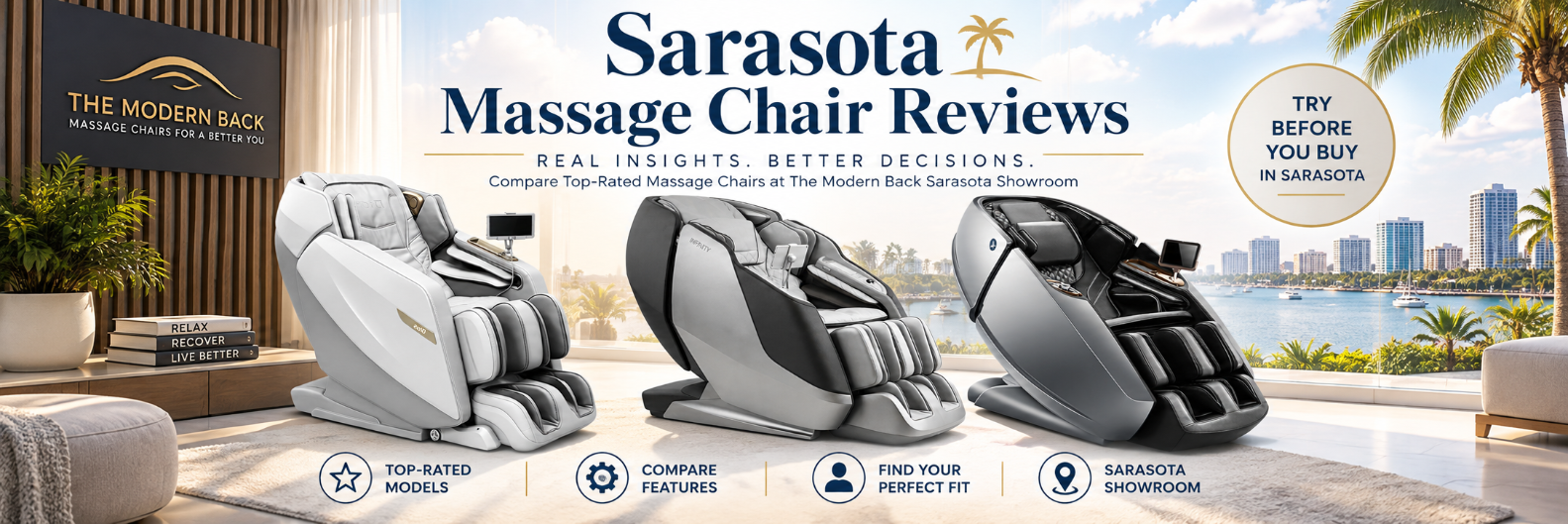 Sarasota Massage chair reviews featuring Daiwa, Infinity, and Kahuna massage chairs at The Modern Back Sarasota showroom.