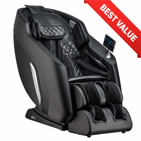 Black Infinity Zenara massage chair with Best Value red ribbon.