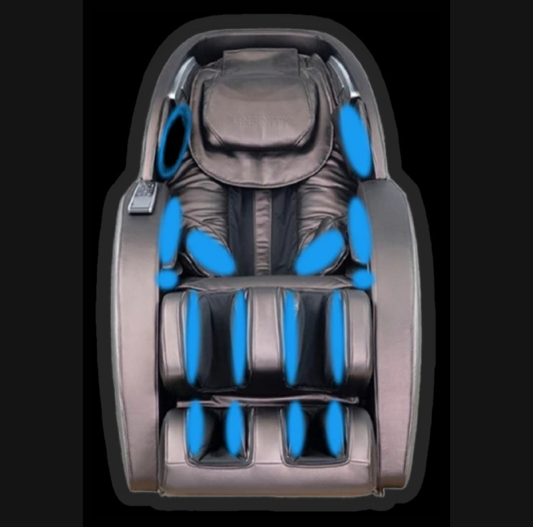 Image of the Infinity Genesis Max massage chair featuring full body air compression, with airbags strategically placed to provide a comprehensive massage that targets the arms, legs, and torso for total relaxation.