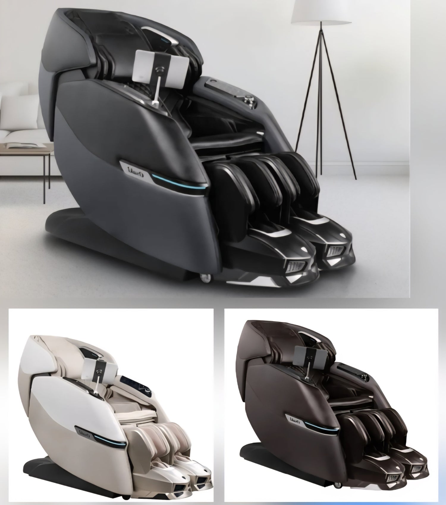 The Osaki Trion Flex Duo combines durable construction and sleek, ergonomic design with synthetic leather upholstery in Taupe, Black, or Brown, integrating advanced technology for a premium massage experience.