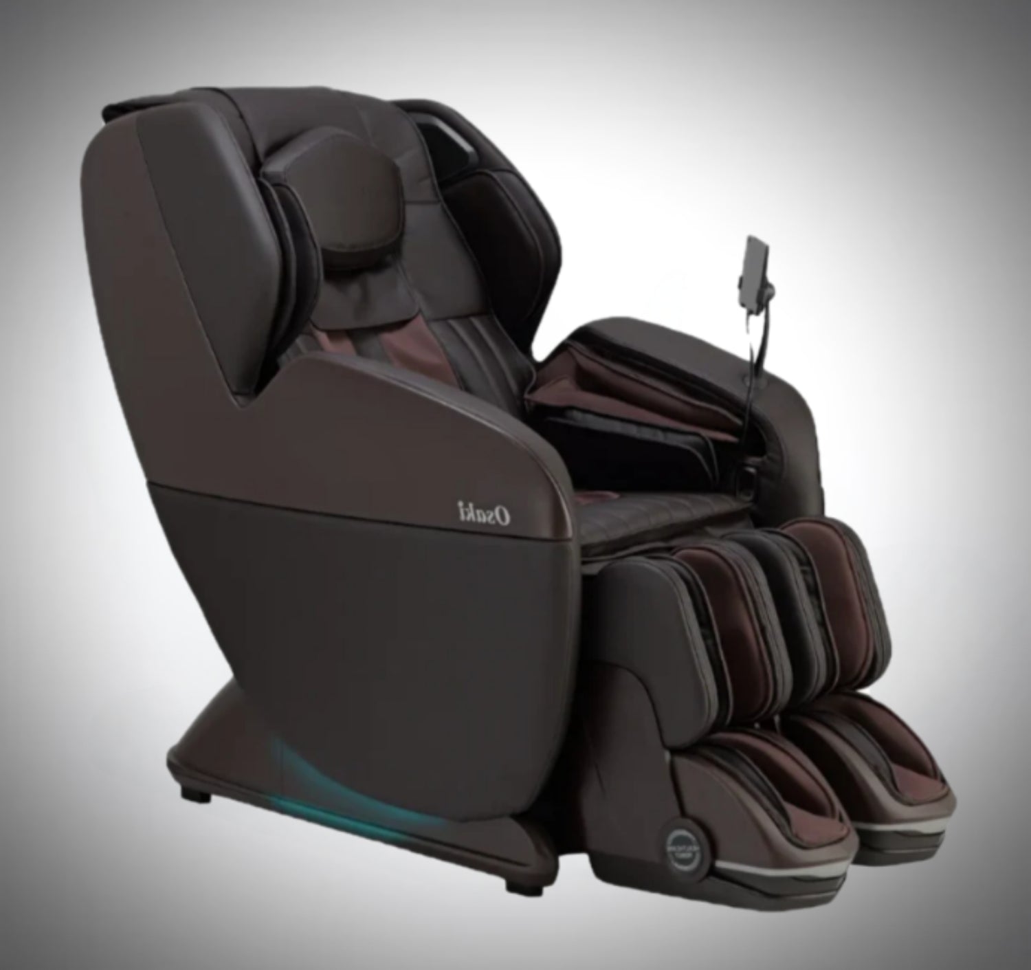 Brown Osaki 4D YogaFlex massage chair with full-body design and padded armrests.