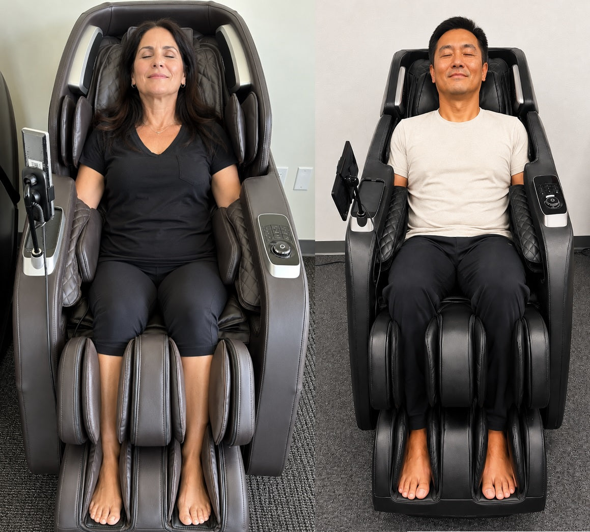 Two customers testing luxury massage chairs at The Modern Back showroom near Seattle in Kent, Washington.
