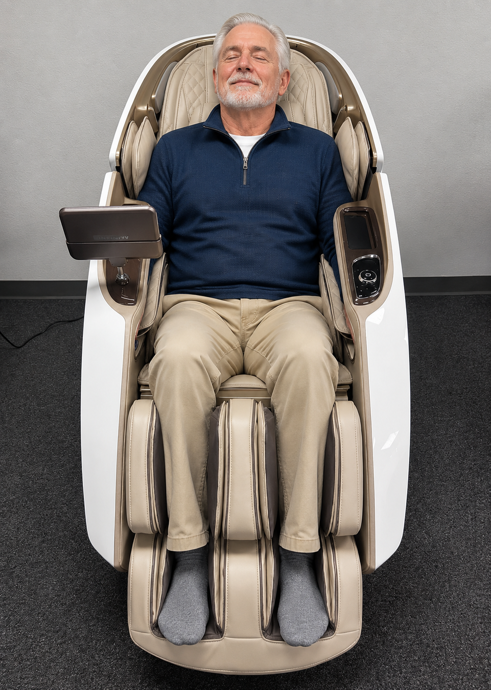 Customer enjoying a full-body massage in a premium massage chair at The Modern Back Orlando showroom.