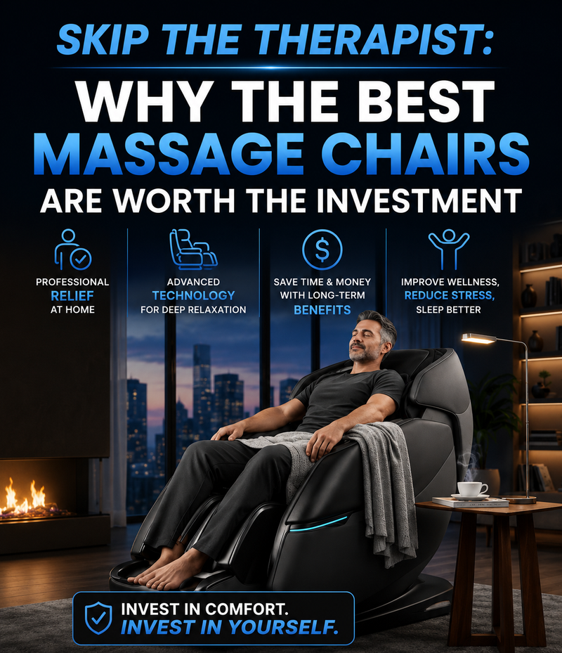 A man reclines in a black massage chair in a modern living room with a city skyline at dusk. Large promotional text at the top reads, 'SKIP THE THERAPIST: WHY THE BEST MASSAGE CHAIRS ARE WORTH THE INVESTMENT,' with feature icons and copy below.