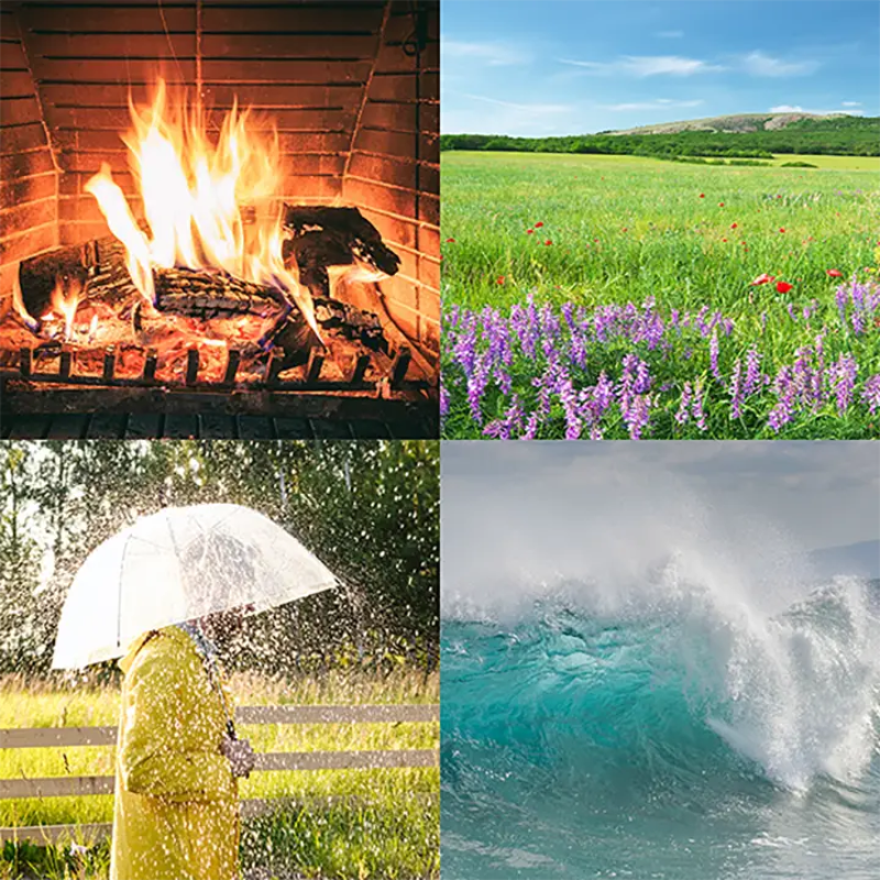 Close-up of the Infinity Circadian 4D DualFlex Massage Chair's SootheMe™ Nature Sounds feature, accessed via the remote's sound menu, offering a selection of calming soundscapes like Rain, Fireplace, Thunderstorm, Car Ride, or Ocean Surf to enhance relaxation during your massage session.