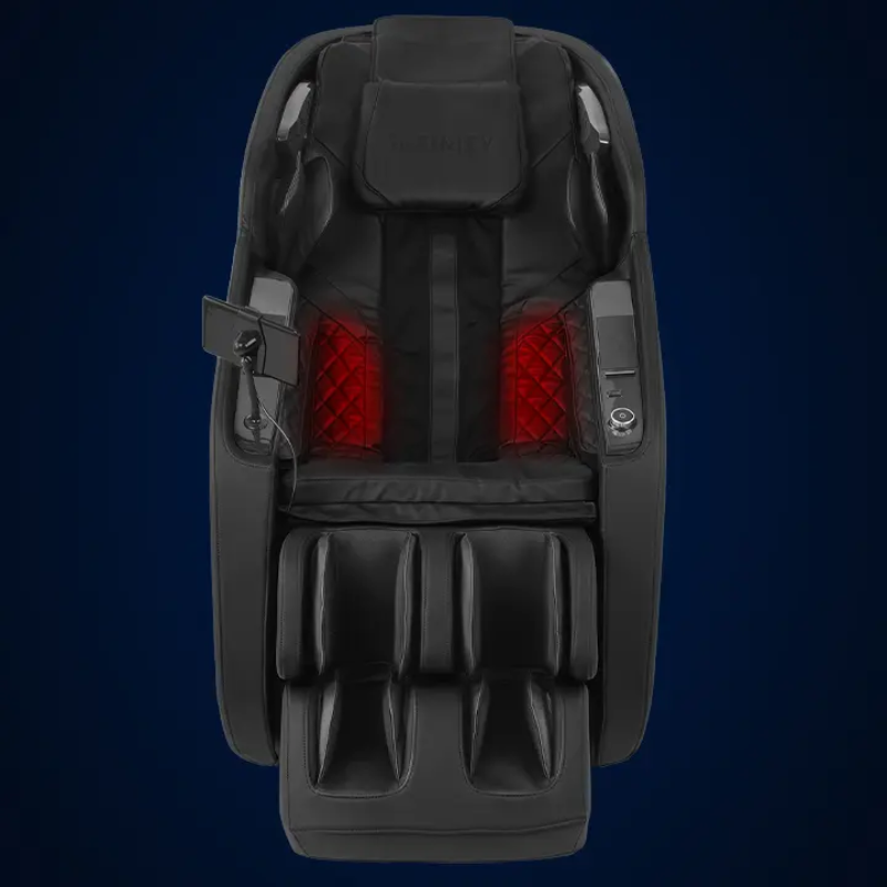 Close-up of the Infinity Solstice Deluxe Massage Chair's Soothing Lumbar Heat feature, with heating modules located in the lower back of the chair, providing a soothing sensation to loosen muscles and enhance relaxation during massage sessions.