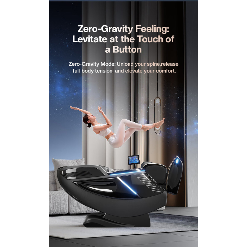 Soteria LE massage chair zero gravity recline position with elevated legs for improved circulation and relaxation.