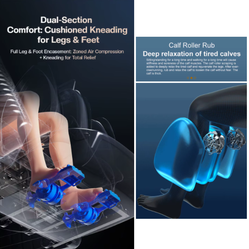 Soteria LE massage chair auto-adjusting footrest and calf massager moving vertically along legs for targeted compression massage.
