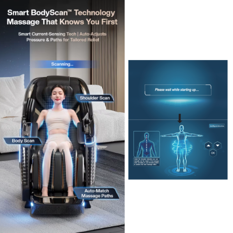 DuoWellness Soteria LE massage chair automatic body scan mapping spine and shoulders for personalized massage.