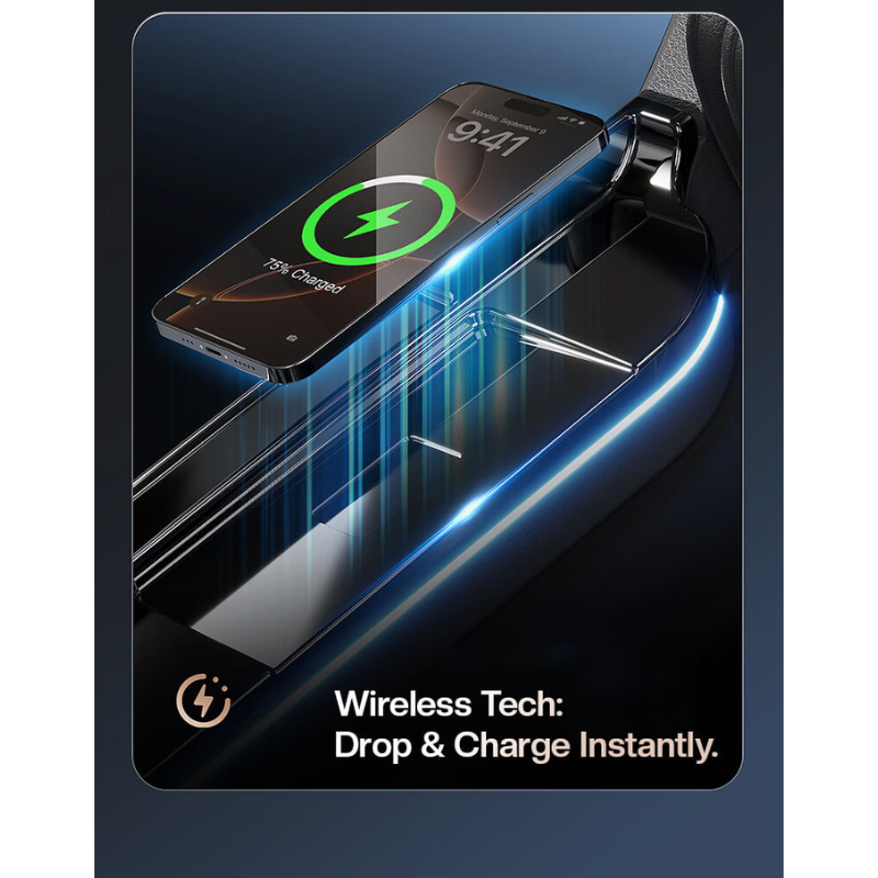 Massage chair with wireless and wired phone charging for convenient device use.
